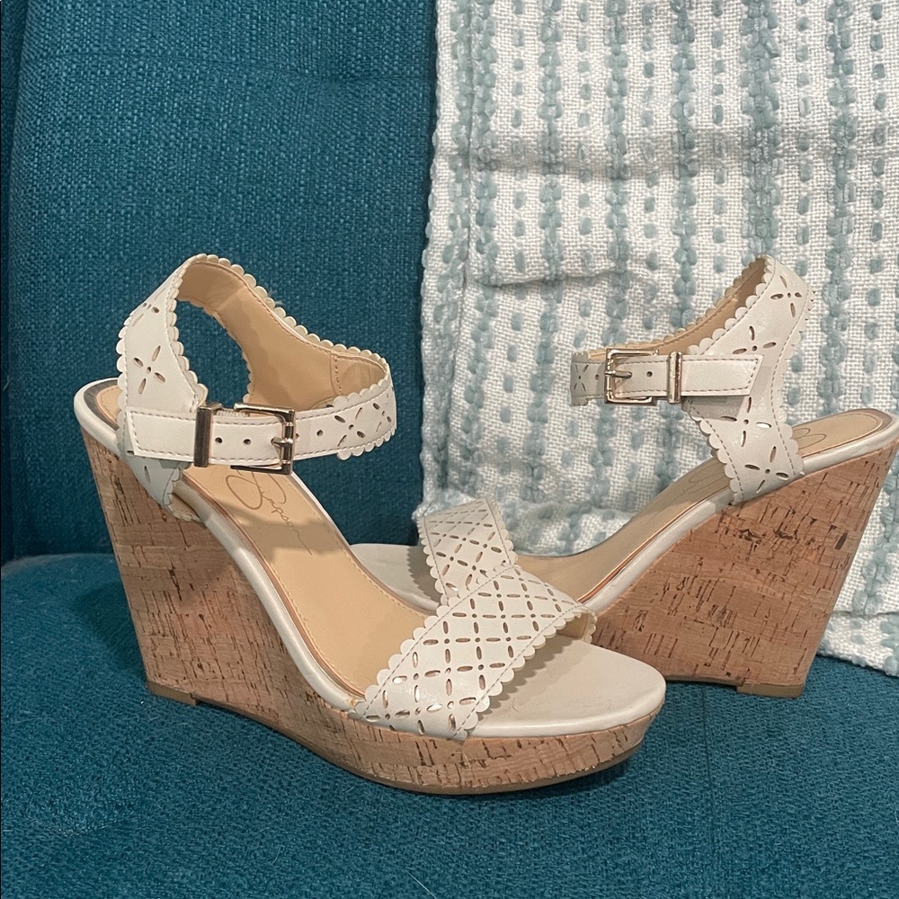 Jessica Simpson Chic Ivory and Rose Gold Cut-Out Wedge Sandals